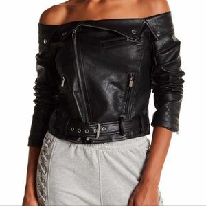Off the shoulder Romeo & Juliet faux leather jacket